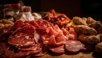 A plate of fresh, gourmet pork delicatessen on a rustic table generated by AI photo