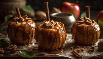 A homemade caramel apple, a sweet autumn indulgence on wood generated by AI photo