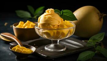 Freshness and sweetness in a bowl of gourmet ice cream generated by AI photo