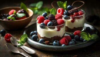 frambuesa y arándano parfait, un Fresco y sano gastrónomo postre generado por ai foto