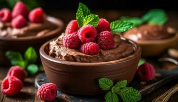 Raspberry dessert, gourmet sweetness, fresh mint leaf, culinary indulgence, rustic homemade yogurt generated by AI photo