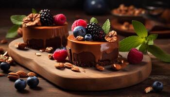 A gourmet dessert with chocolate, raspberry, and fresh berry indulgence generated by AI photo