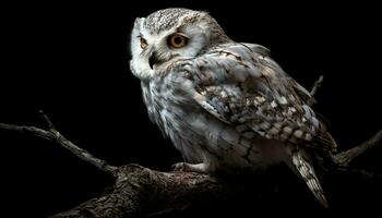 Eagle owl perching on branch, staring, , black background generated by AI photo