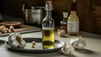 Fresh garlic, wood table, olive oil, vegetable, cooking spice, healthy eating generated by AI photo