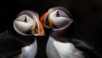 Close up of two Atlantic puffins, their beaks and feathers vibrant generated by AI photo