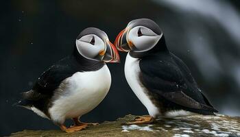 Multi colored puffin and seagull, close up, looking at camera, in nature generated by AI photo