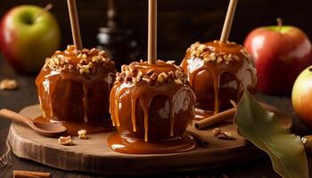 Indulgent gourmet dessert chocolate dipped apple slice on rustic wood generated by AI photo