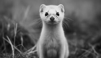 Cute mammal sitting in grass, looking at camera, outdoors generated by AI photo