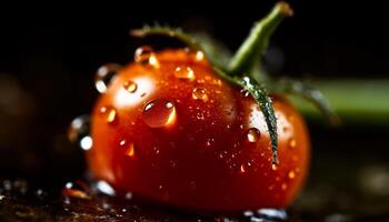 Freshness and nature in a close up of a wet tomato leaf generated by AI photo