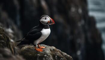 A beautiful puffin perched on a cliff, looking out to sea generated by AI photo