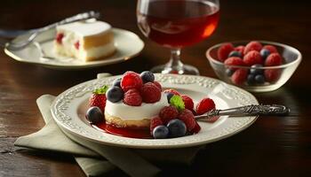 A refreshing summer dessert on a wooden table, close up shot generated by AI photo