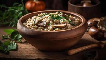 Healthy vegetarian meal served on a rustic wooden table with fresh ingredients generated by AI photo