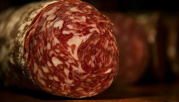 Freshly sliced salami on a wooden plate, a gourmet appetizer generated by AI photo