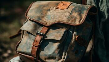 Hiking backpack, adventure in nature, outdoors travel, leather exploration generated by AI photo