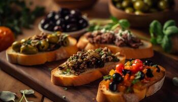 Freshly toasted ciabatta bread with grilled vegetables and homemade canapes generated by AI photo
