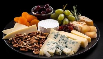 Gourmet cheese plate with a variety of delicious dairy snacks generated by AI photo