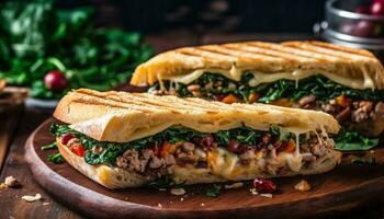 A la parrilla carne de vaca emparedado en tostado ciabatta con Fresco vegetales y hecho en casa salsa generado por ai foto