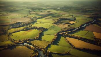 Tranquil rural landscape, green meadows, high up, panoramic mountain view generated by AI photo