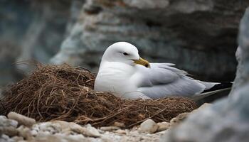 Seagull perched on cliff, watching coastline, enjoying freedom in nature generated by AI photo