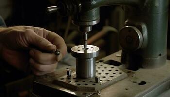 metal trabajador utilizando un torno en un fabricación taller generado por ai foto