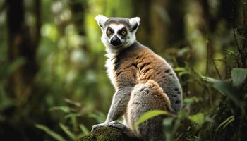 Cute ring tailed lemur sitting on branch, staring at camera generated by AI photo