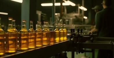 Factory workers in a brewery bottle liquid for production line generated by AI photo