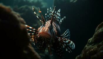 Underwater animal, nature fish reef, lionfish scuba diving water generated by AI photo