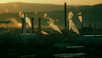 industria contaminación combustibles poder generación, vapor, Chimenea fumar, físico estructura, ambiente generado por ai foto