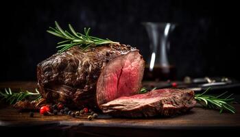 Freshly grilled steak on a rustic wooden table, seasoned to perfection generated by AI photo