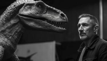 antiguo hombre con un barba sonriente, participación un juguete dinosaurio generado por ai foto