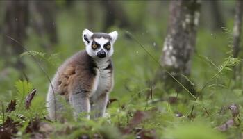 Cute ring tailed lemur sitting on branch, looking at camera generated by AI photo