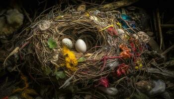 naturaleza celebracion de nuevo vida pájaro nido, huevos, y plumas generado por ai foto