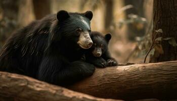 Cute bear cub sitting in forest, looking at camera generated by AI photo