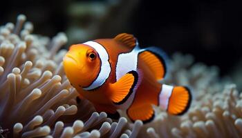 payaso pescado nadando en vibrante arrecife, exhibiendo natural belleza generado por ai foto