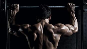 muscular atleta flexionando bíceps, exhibiendo fuerza y determinación en gimnasio generado por ai foto