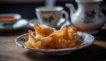 Freshness and crunchiness of homemade deep fried dim sum on wooden table generated by AI photo