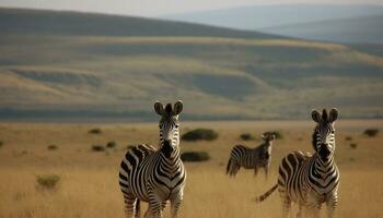 African savannah Striped zebras grazing in the wild, nature beauty generated by AI photo