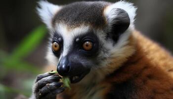 Cute lemur staring, its furry body blending with tropical rainforest generated by AI photo