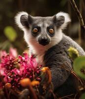 Cute lemur sitting on branch, staring, fluffy fur, green nature generated by AI photo