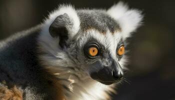 Cute lemur primate staring, close up, nature, striped, tropical rainforest generated by AI photo