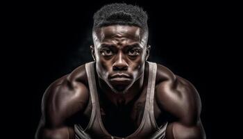 A determined young athlete with a muscular build looking at camera generated by AI photo