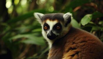 Cute lemur sitting on a branch, staring with alertness at camera generated by AI photo