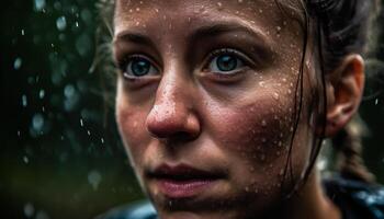 Smiling woman enjoys raindrop, nature beauty, and summer freshness generated by AI photo