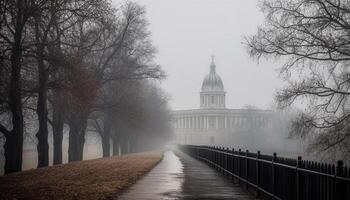 Famous architecture, Christianity history, winter fog, travel to nature outdoors generated by AI photo