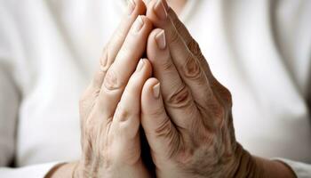 Senior adult women meditating, praying, holding hands, expressing love and spirituality generated by AI photo