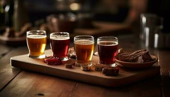 frescura en un vaso, pub oscuro madera, cerveza dorado celebracion generado por ai foto