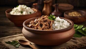 A rustic bowl of cooked basmati rice with fresh cilantro generated by AI photo