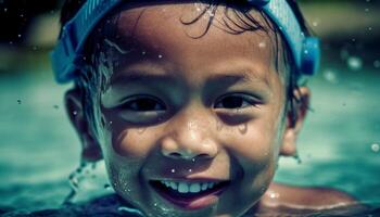 un húmedo, sonriente niño disfrutando el alegre, divertido nadando piscina generado por ai foto