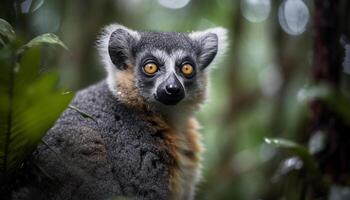 Cute lemur in nature, staring with curiosity, sitting on branch generated by AI photo