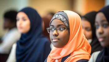 Smiling women in headscarves, looking at camera, radiating happiness generated by AI photo